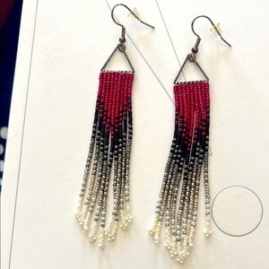 Handmade  Beaded Dangle Earrings - Red and Black